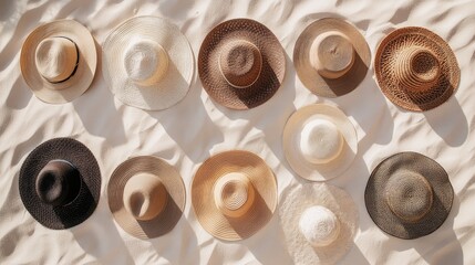 Collection of Stylish Beach Hats Arranged on Soft Sand Showcasing Diverse Colors and Patterns for Trendy Summer Outings