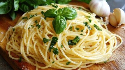 Aromatic spaghetti aglio e olio topped with fresh basil leaves and garlic cloves, artfully arranged on a rustic wooden board.