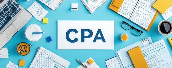 Certified Public Accountant Accountants. A workspace featuring a CPA theme, with papers, coffee, and office supplies, showcasing a professional environment.
