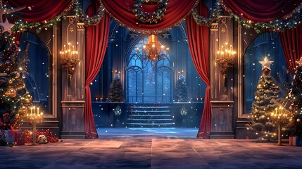 Fototapeta premium A beautifully decorated festive scene with Christmas trees, candles, and elegant drapes, creating a magical holiday atmosphere.