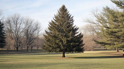 Majestic evergreen tree standing alone in a serene park, surrounded by bare branches and gently rolling green grass under a clear sky.