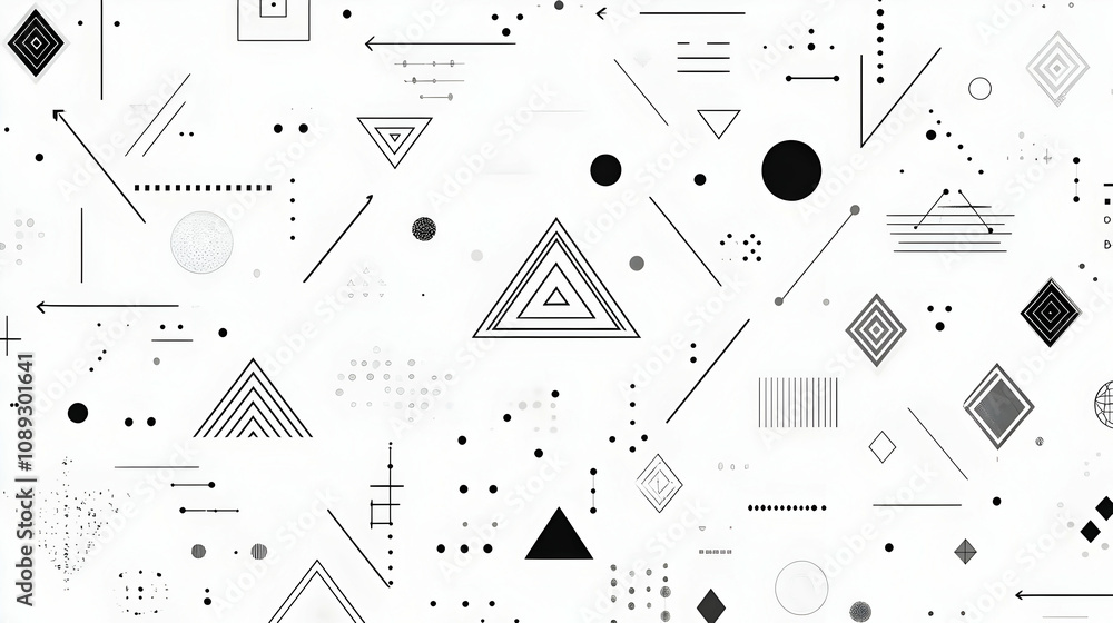 Poster abstract geometric shapes and lines on a white background. the image features various sizes and shad