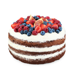 Delicious chocolate sponge cake with berries isolated white