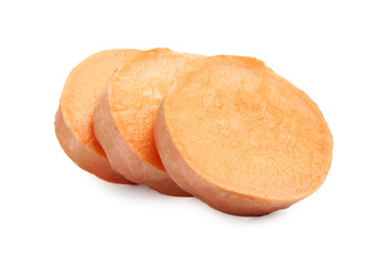 Pieces of raw sweet potato isolated on white