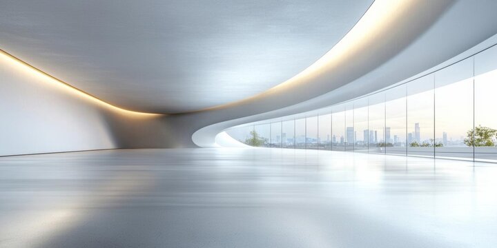 Empty space inside futuristic room, showroom, spaceship, hall or studio in perspective view