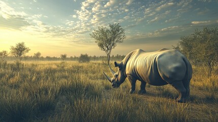 Rhinoceros grazing peacefully in a sunlit savannah meadow with lush grasses and scattered trees under a picturesque sky.