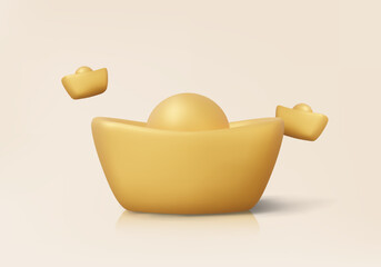 Minimal golden yuan bao china new year asian festival oriental currency culture on beige background. Chinese gold ingot 3D vector icon symbol prosperity premium treasure wealth.