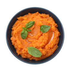 Tasty mashed sweet potato with basil in bowl isolated on white, top view