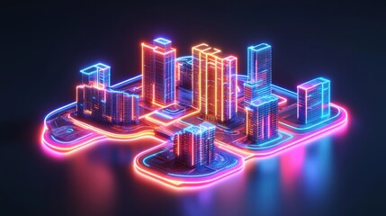 Futuristic urban development cityscape 3d visualization neon environment aerial perspective technology innovation