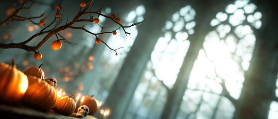 spooky halloween decorations with pumpkins and candles