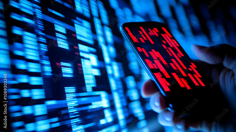 Poster person holding smartphone displaying red error code against a backdrop of blue digital code. concept
