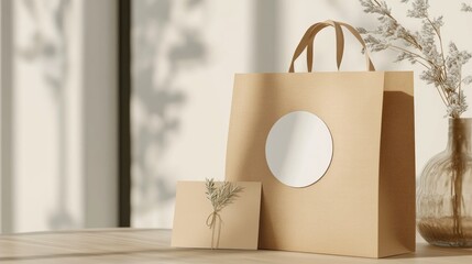 Kraft gift bag and envelope with round sticker mockup and thank you tag, showcasing a blank label in a softly lit setting.