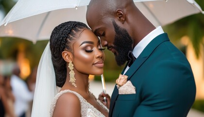 Romantic Bride and Groom Sharing a Quiet Moment Underneath a White Umbrella, Their Vows Reflecting Unwavering Commitment and Security A Symbol of Everlasting Love, Intimate Wedding Photography