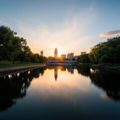 Naklejka premium scenic sunset reflection over a river with city skyline