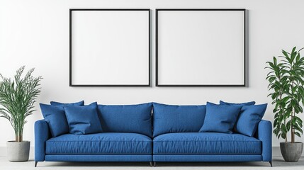 Contemporary living room with two empty frames above a vibrant blue sofa, complemented by potted plants for a fresh and stylish atmosphere.