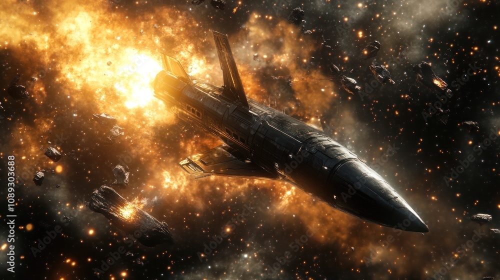 Aufkleber futuristic spacecraft explodes in cosmic environment filled with asteroids and vibrant fiery explosi