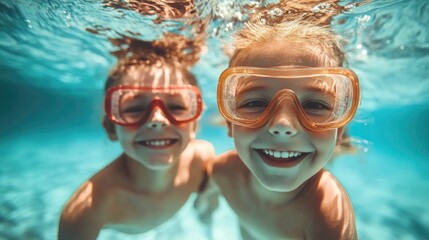 Fototapeta premium Two smiling children in colorful goggles swim underwater in a clear blue ocean, surrounded by sparkling water, embodying summer fun and adventure.