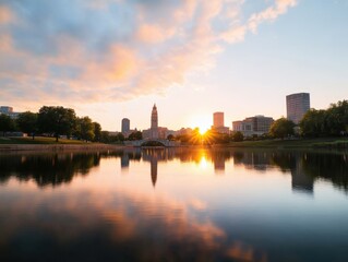 beautiful sunset reflection over a calm lake with city skyline in the background