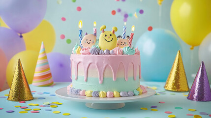 Colorful Birthday Cake Surrounded by Party Decorations with Candles, Balloons, Hats and Confetti for a Joyful Celebration Theme