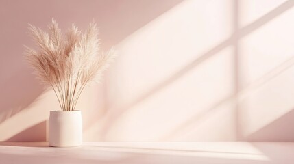 Elegant Soft Pink Gradient Background Featuring Decorative Dried Grass in a White Vase with Gentle Light and Shadows for Sophisticated Displays