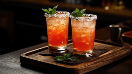 Fototapeta premium Iced beverages with mint garnishes and salted rims resting on a wooden tray, featuring one glass in sharp focus while the other is softly blurred in the background.