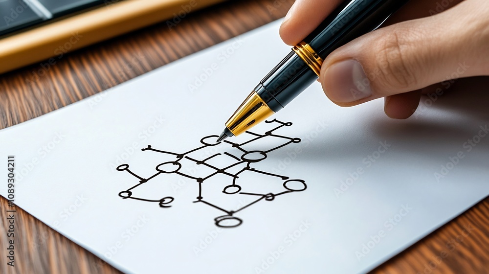 Aufkleber pen sketching a complex flowchart on a piece of paper for business strategy and planning