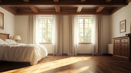Spacious rustic master bedroom with wooden beams, parquet flooring, air conditioning, and large windows draped with elegant curtains.