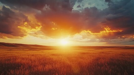 Obraz premium Breathtaking 4K time-lapse of a vibrant sunrise and sunset, showcasing dynamic clouds and stunning light over an expansive golden field.