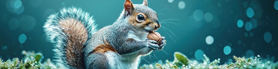 Obraz premium Squirrel foraging in foggy forest nature wildlife close-up serene atmosphere