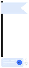 Light blue flag on black pole next to a checklist featuring a blue checkmark and a small white rocket. Ideal for achievement, goals, progress, success, tasks, productivity, motivation. Line metaphor