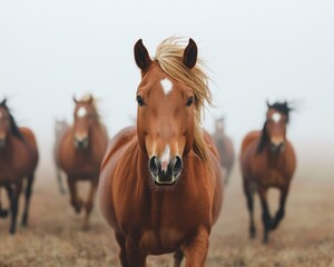 Obraz premium Galloping horses in foggy field nature serene atmosphere close-up perspective