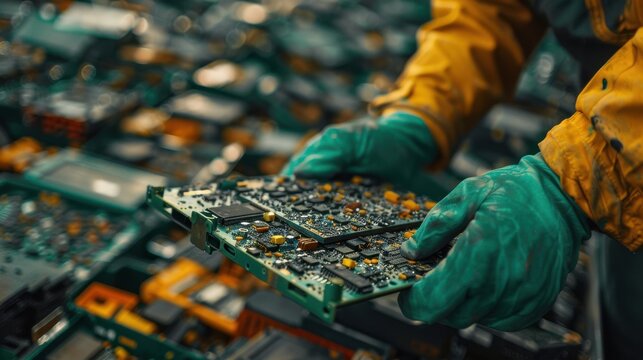 A person in protective gear holds a circuit board among a large collection of electronic waste for recycling or disposal.