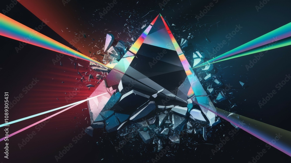 Aufkleber shattered prism spectrum. exploding prism refracting light, symbolizing fragmentation, destruction, 