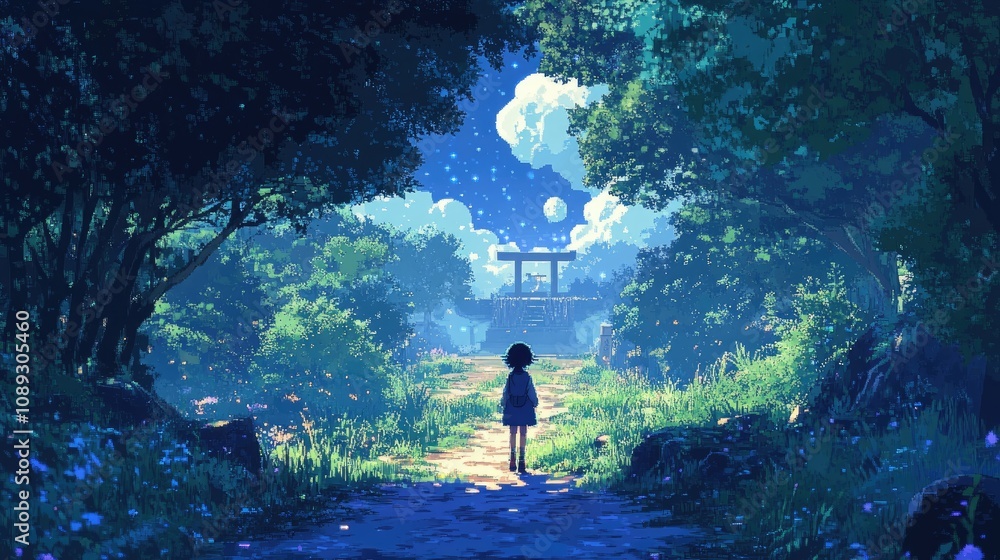Poster retro 8-bit anime-style forest scene with a character walking a trail and a glowing shrine in the di