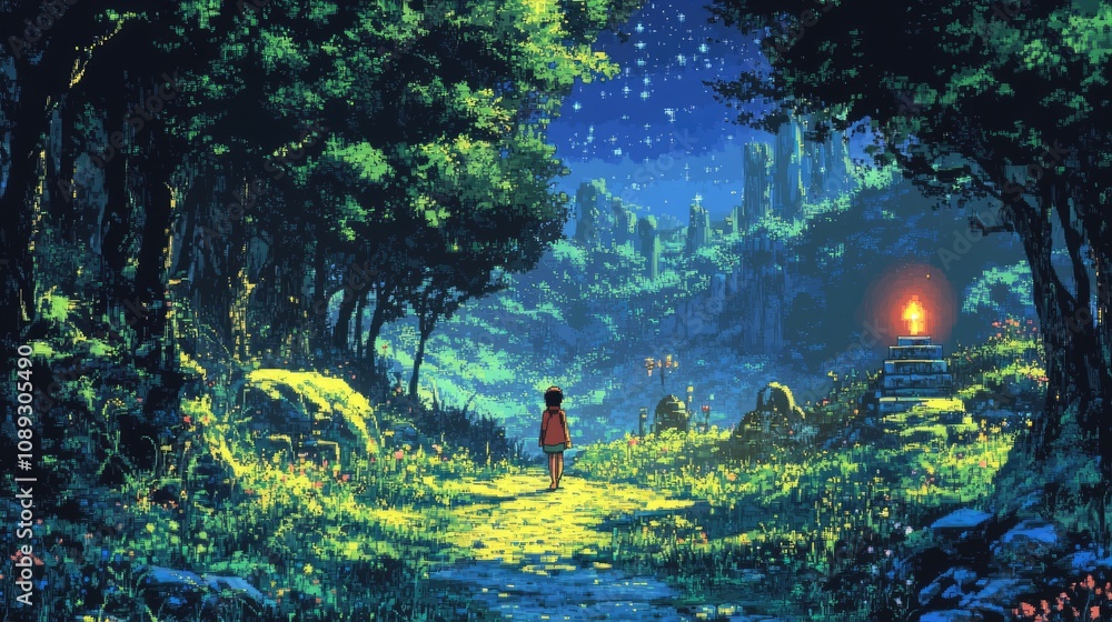Poster retro 8-bit anime-style forest scene with a character walking a trail and a glowing shrine in the di