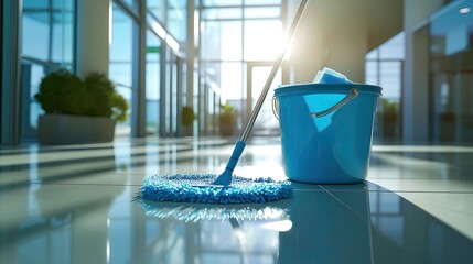 Cleaning equipment with bucket and mop.