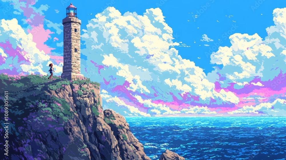 Poster retro 8-bit pixel art of an anime character climbing a lighthouse overlooking the ocean.