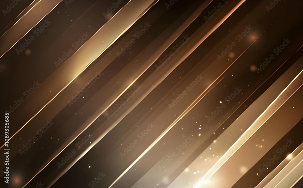 Poster abstract gold diagonal lines with dark brown background and glowing particles.