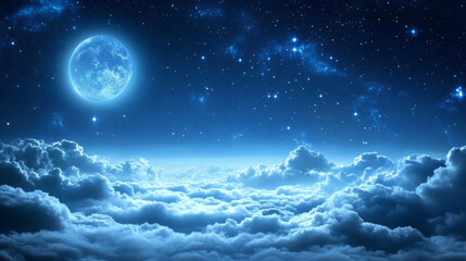 Majestic moon illuminating a starry night sky over tranquil clouds