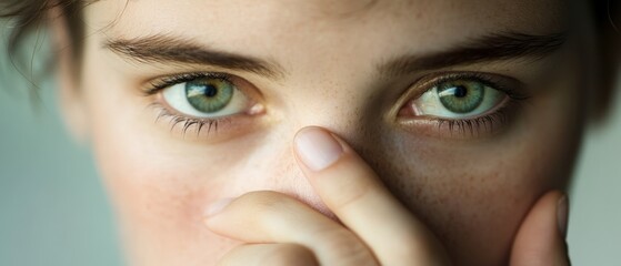 Naklejka premium closeup portrait of a person with striking green eyes and a thoughtful expression
