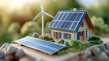 Innovative green home design featuring solar panels and wind turbine in a sustainable environment