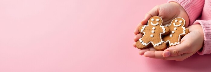 Banner with close photo of children holding gingerbread men on a pink background