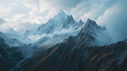 Obraz premium Fantasy RPG book cover displaying a breathtaking mountain landscape with digital photorealism, featuring majestic peaks, dramatic skies, and intricate details.
