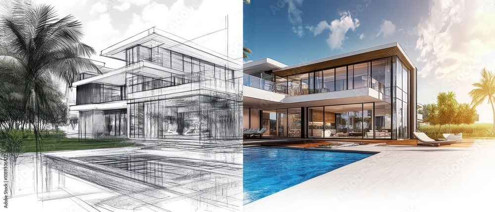 Poster architectural rendering showing a modern villa design alongside a sketch.
