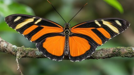 Naklejka premium Tiger Longwing butterfly displaying vibrant orange and yellow patterns, perched gracefully on a branch surrounded by lush greenery.