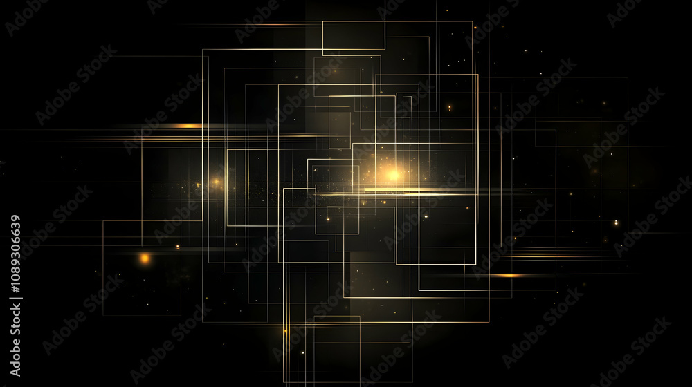 Poster abstract golden lines and glowing particles on a black background, creating a futuristic and technol