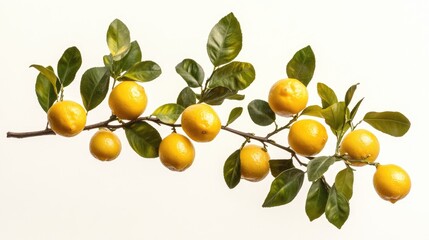 Freshly harvested lemons on a green branch with lush leaves, displayed against a clean white background.