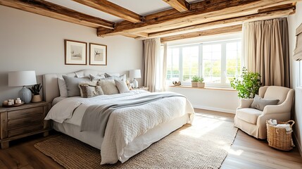 Fototapeta premium Elegant and Cozy Modern Bedroom Interior Design with Stylish Decor, mockup, poster and Background