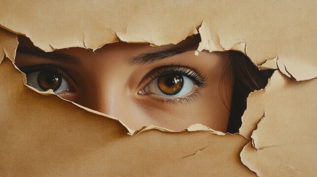 Intriguing close-up of a pair of expressive brown eyes peering through a torn section of textured brown paper, suggesting curiosity and mystery.