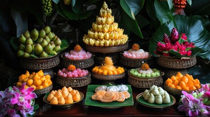 Vibrant Vesak culinary offerings showcasing an array of traditional dishes and fresh fruits beautifully arranged on decorative plates.